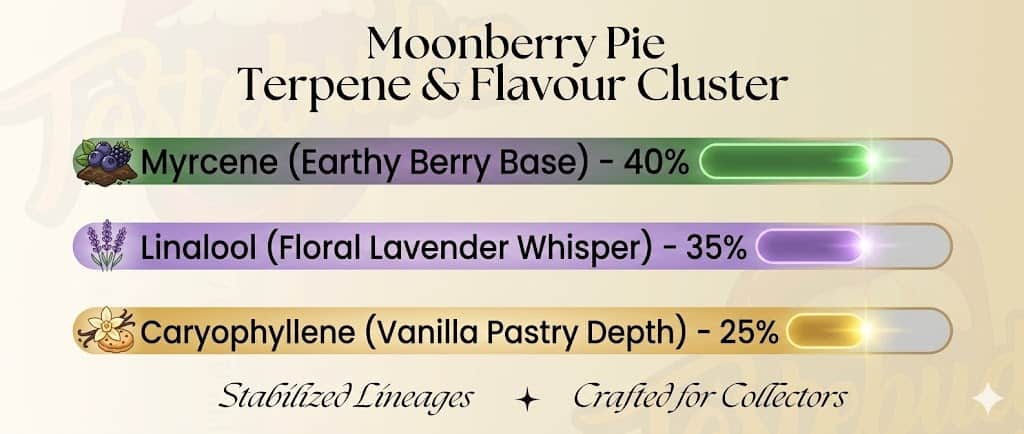 Official Moonberry Pie seeds terpene and flavour cluster infographic by Tastebudz Genetics. The chart displays a genetic profile breakdown featuring 40% Myrcene for an earthy berry base, 35% Linalool for a floral lavender whisper, and 25% Caryophyllene for a vanilla pastry depth. Stabilized lineages crafted for collectors