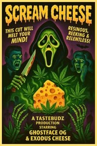 Scream Cheese Halloween Cannabis Strain – Limited Edition 2025 Artwork by Tastebudz Genetics featuring Ghostface OG × Exodus Cheese.