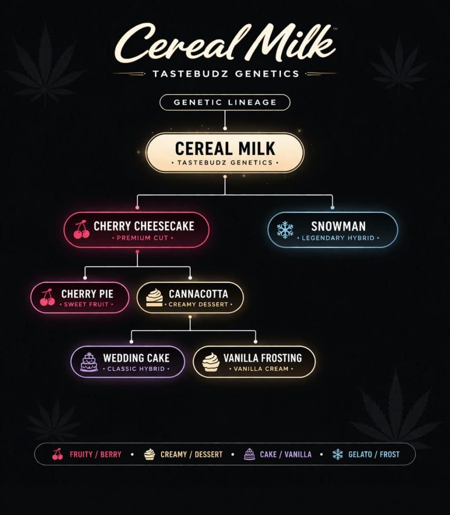 Cereal Milk strain genetics family tree showing Cherry Cheesecake x Snowman with Cherry Pie, Cannacotta, Wedding Cake and Vanilla Frosting lineage by Tastebudz Genetics