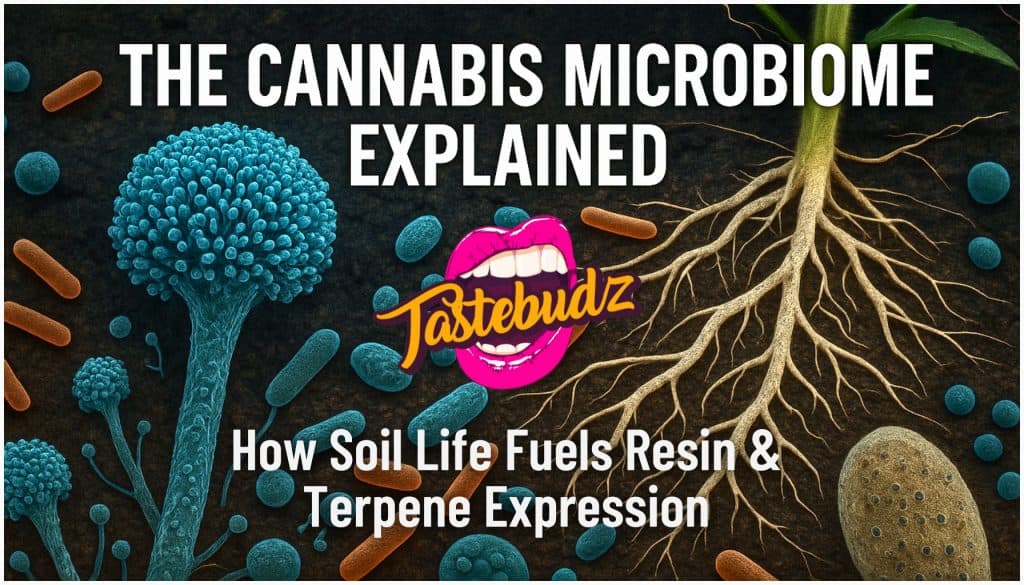 Scientific illustration of the cannabis microbiome showing microbes and roots interacting beneath soil, symbolising terpene and resin power.