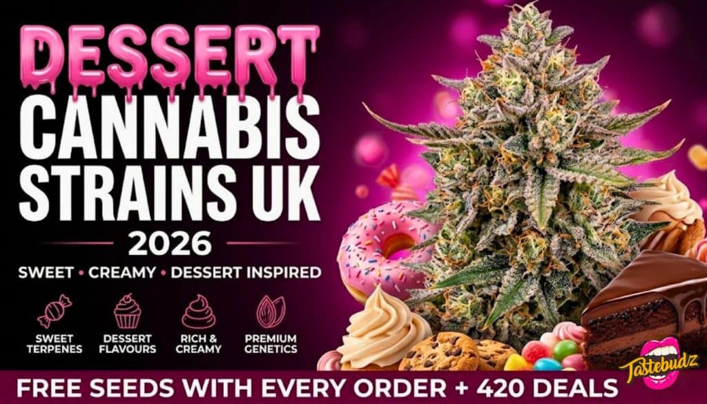 Premium dessert cannabis strains guide banner by Tastebudz Genetics featuring a macro DSLR photograph of a frost-covered hybrid cannabis bud surrounded by gourmet cakes, cookies, and sweet confectionery desserts.