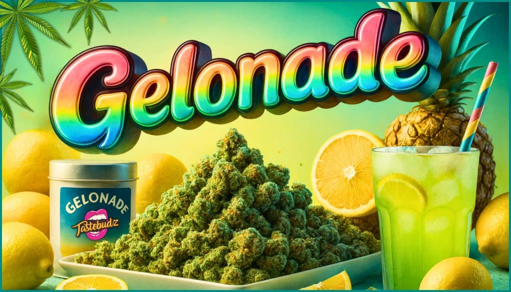 Bright colorful image of cannabis seeds and fruity lemons with a tropical vibe, promoting Gelonade cannabis strain.