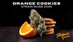 Orange Cookies strain guide banner: frosty cannabis bud with citrus orange slices and cookies for terpene profile