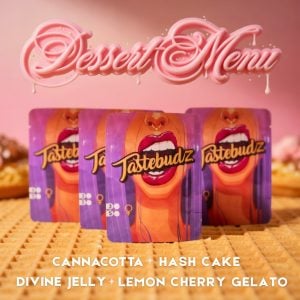 Tastebudz Genetics Dessert cannabis seed mix featuring Hash Cake, Divine Jelly, Lemon Cherry Gelato and Cannacotta feminized seeds, featuring dessert style background