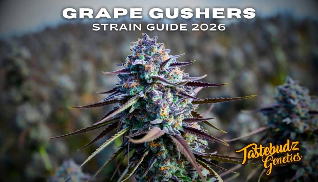 Grape Gushers strain guide banner: frosty autoflower cannabis bud with purple tones and grape accents for terpene profile