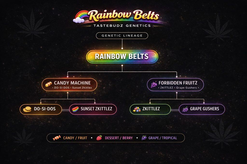 Rainbow Belts strain genetic lineage by Tastebudz Genetics showing Candy Machine (Do-Si-Dos × Sunset Zkittlez) crossed with Forbidden Fruitz (Zkittlez × Grape Gushers) in a candy terpene family tree infographic