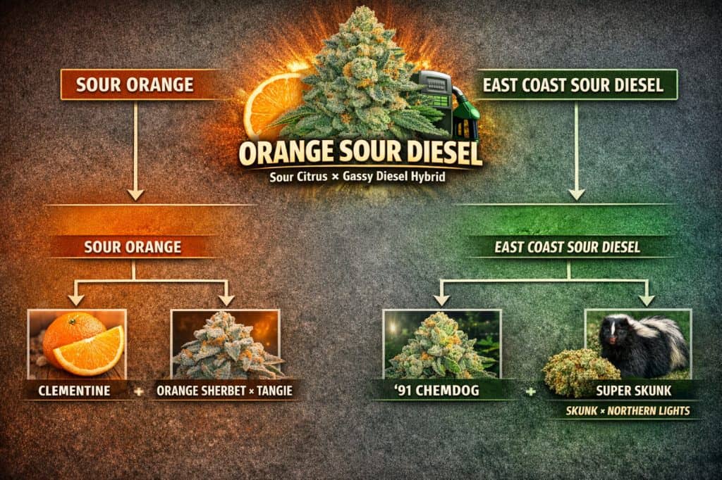 Orange Sour Diesel strain lineage infographic showing Sour Orange and East Coast Sour Diesel parent genetics 