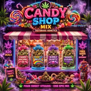 Candy Cannabis Seeds Mix by Tastebudz Genetics displayed in a neon-lit candy shop window with jars of cannabis buds labelled Candy Machine, Rainbow Belts, Bubble Runtz and Grape Gushers, 420 deals and free seeds promotion