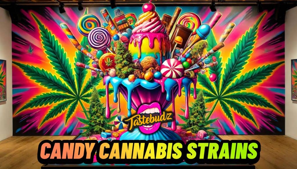 Candy cannabis strains including Rainbow Belts, Grape Gushers and Divine Jelly by Tastebudz Genetics