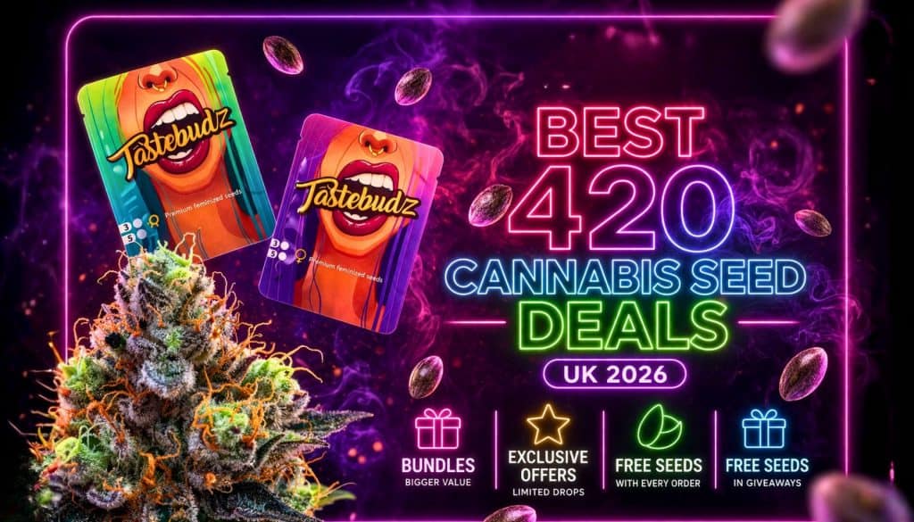 BEST 420 CANNABIS SEED DEALS UK 2026 neon banner with Tastebudz Genetics seed packs, glowing pink and purple smoke background, floating cannabis seeds, and premium frosty cannabis bud, highlighting 420 cannabis seed deals and bundles in the UK