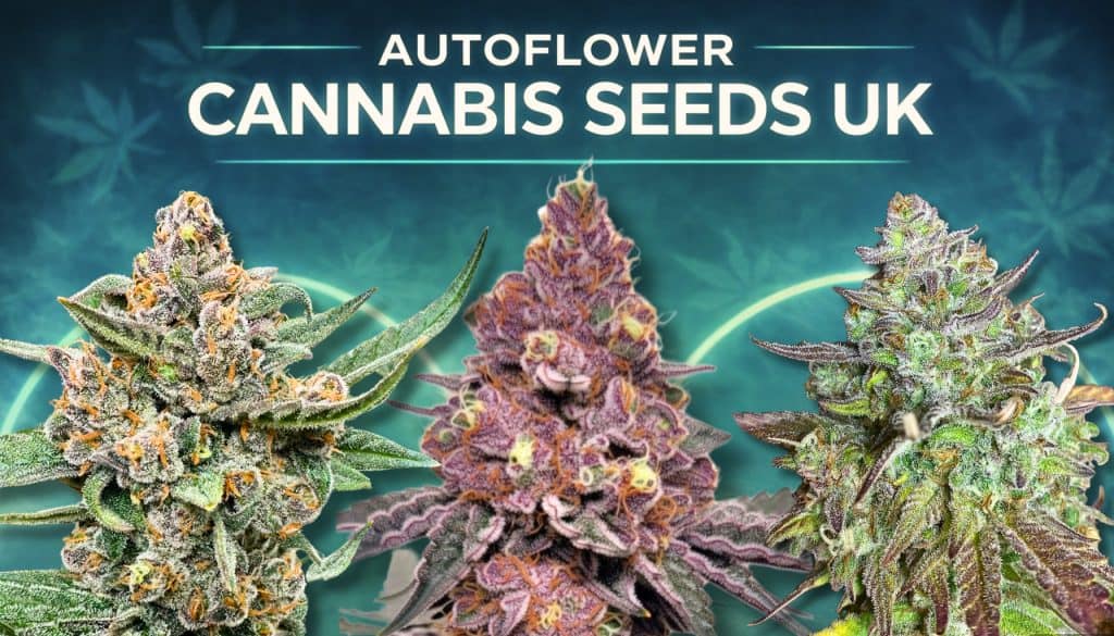 autoflower cannabis seeds UK banner with green and dark autoflower buds, dense trichomes and blue neon background showcasing premium UK seedbank genetics