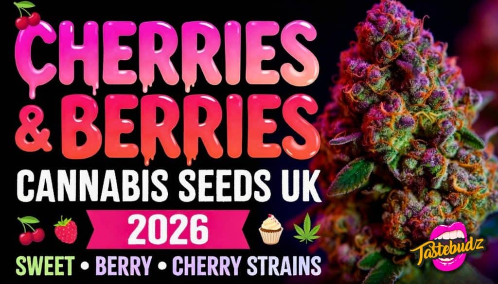 Promotional banner for Berry Cannabis Seeds UK 2026 by Tastebudz. Features bold pink and red dripping text 'CHERRIES & BERRIES' above 'CANNABIS SEEDS UK',