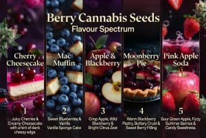 Berry cannabis seeds flavour spectrum showing cherry, blueberry, strawberry and fruity strain profiles from sweet dessert to sour fruit