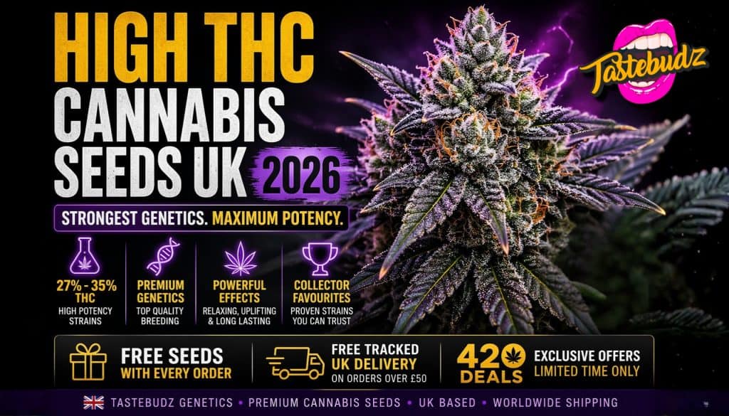 high THC cannabis seeds UK 2026 premium strong cannabis strains banner Tastebudz Genetics