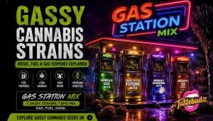 Gassy cannabis strains blog banner featuring a neon gas station themed cannabis seed mix with Gorilla Gas Auto, Back to the Future Auto, Midnight Moonshine Auto and Biscotti 33 Auto fuel pumps representing diesel and gas terpene cannabis genetics by Tastebudz Genetics UK
