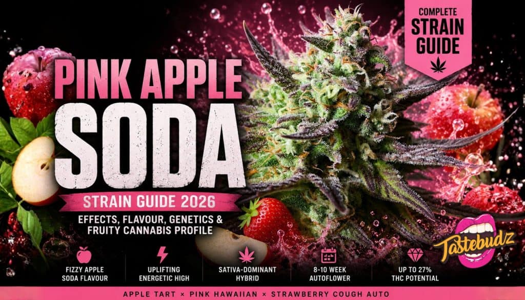 Pink Apple Soda strain guide banner featuring frosty Pink Apple Soda cannabis buds with purple highlights, fizzy apple and strawberry fruit theme, and Tastebudz Genetics autoflower cannabis seeds branding.