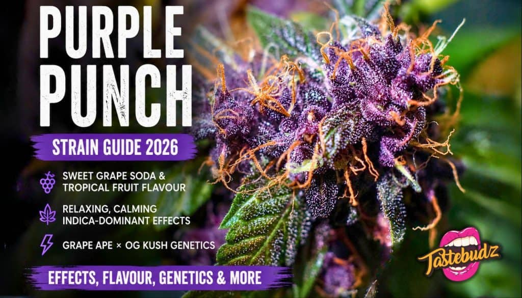 Purple Punch strain guide 2026 banner showing dark purple frosty cannabis buds with grape soda flavour profile and indica-dominant autoflower genetics from Tastebudz Genetics