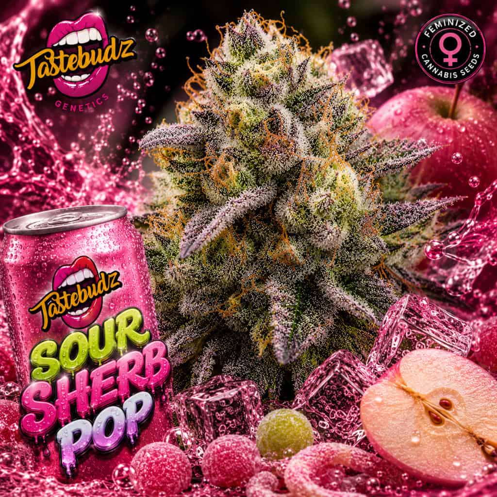 Sour Sherb Pop cannabis seeds promotional artwork featuring a frosty resin-covered cannabis cola with pink fizzy soda splash effects, candy sweets, ice cubes and apples alongside a glossy Sour Sherb Pop branded can with Tastebudz Genetics logo.