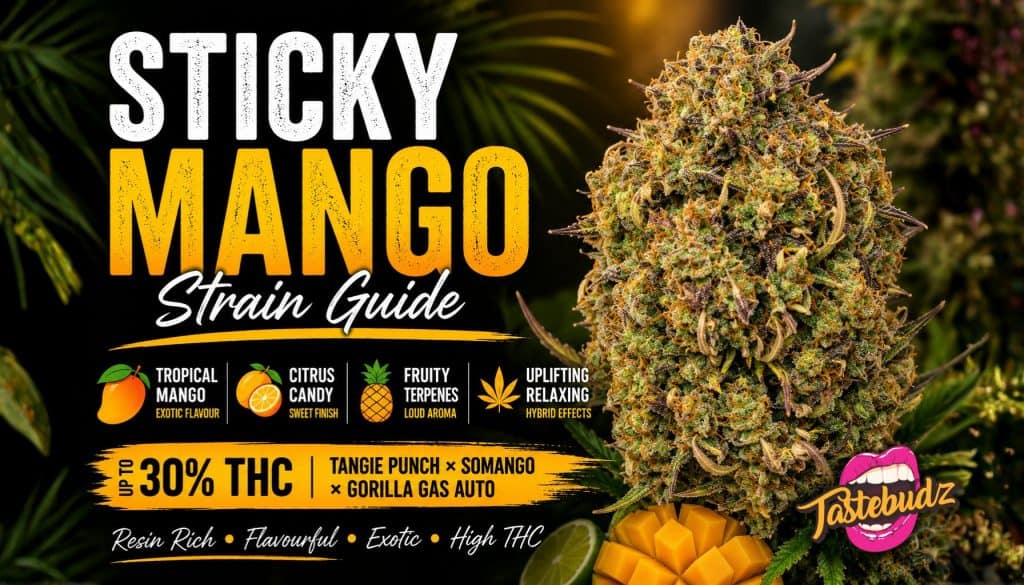 Sticky Mango Strain Guide UK 2026 | Flavour, lineage, effects, Tastebudz Genetics Cannabis Seeds
