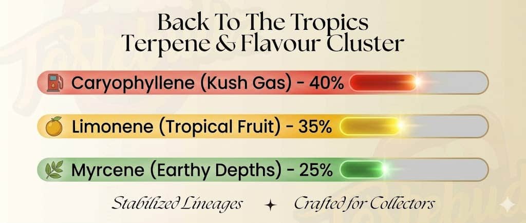 Here is the SEO-optimized alt text for the infographic. It perfectly captures the image data for accessibility tools while naturally weaving in your focus keywords for Rank Math. **For "back to the tropics terpene cluster.jpg"** > **Alt Text:** `Official terpene profile and flavour cluster infographic for Back To The Tropics seeds by Tastebudz Genetics. The data displays 40% Caryophyllene (Kush Gas), 35% Limonene (Tropical Fruit), and 25% Myrcene (Earthy Depths) for this premium autoflower strain.`