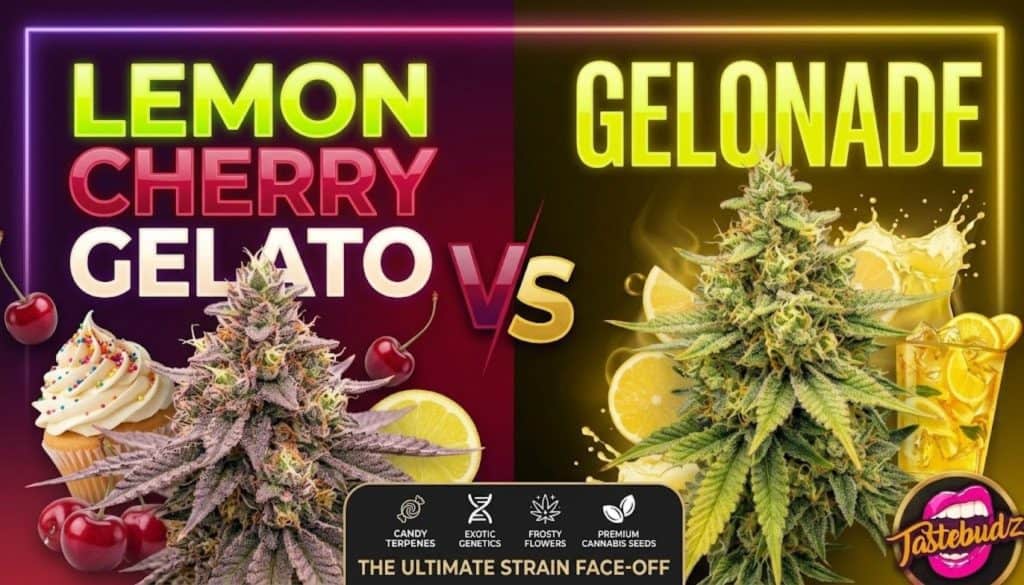 A vibrant split-screen strain comparison banner titled Lemon Cherry Gelato vs Gelonade by Tastebudz. The left side features a purple Lemon Cherry Gelato cannabis bud with fresh cherries and a sweet cupcake. The right side shows a bright green Gelonade cannabis bud surrounded by sliced lemons and splashing lemonade.