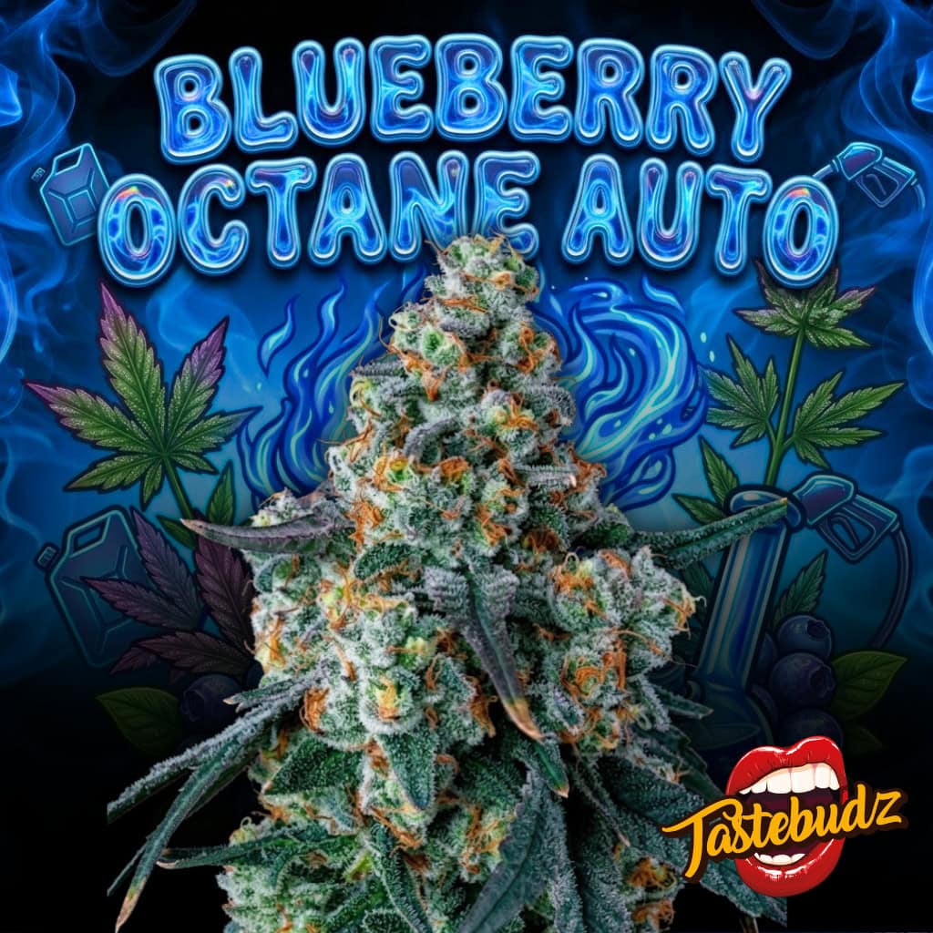 A dense, frosty cannabis bud grown from Blueberry Octane Seeds, surrounded by stylized blue flames, fuel nozzles, and fresh blueberries to represent its sweet and gassy terpene profile. Tastebudz Genetics logo in the corner.