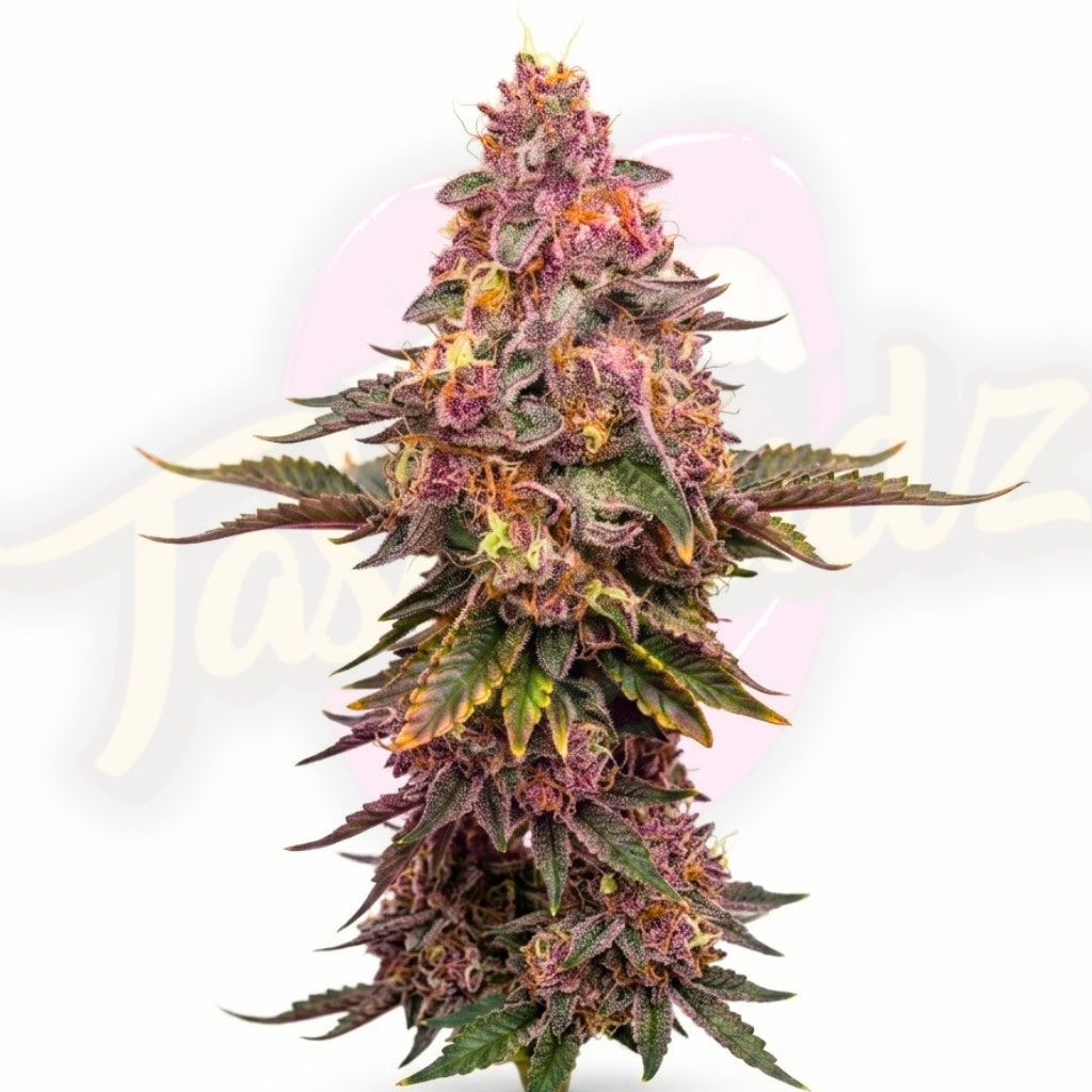 Clean, isolated product photograph of a Purple Milk Seeds strain cola by Tastebudz Genetics, displaying heavy trichome resin against a stark white background with a faint brand watermark.