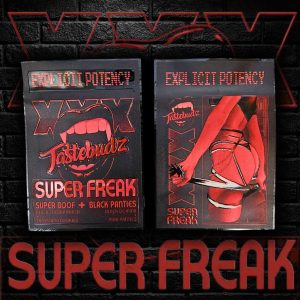 Front and back of the limited edition Super Freak seeds packaging by Tastebudz Genetics. The dark red and black collector's box features an 'Explicit Potency' warning and showcases the Super Boof x Black Panties lineage for feminized cannabis seeds